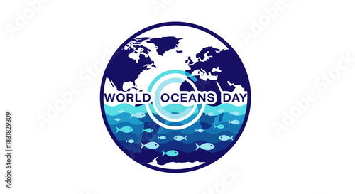 This modern vector illustration showcases a symbolic emblem for World Oceans Day, emphasizing global ocean conservation and marine ecosystem protection.