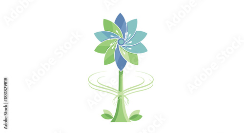 Stylized Blue and Green Flower Pinwheel Design, Generative AI.