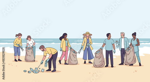 Diverse volunteers actively collect plastic waste and debris from a sandy beach, promoting environmental protection and community collaboration.