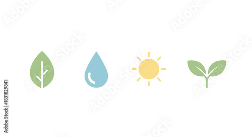 A clean, minimalist flat design illustration showcasing essential natural elements: a green leaf, water drop, sun, and small sprout, symbolizing growth and environmental care.
