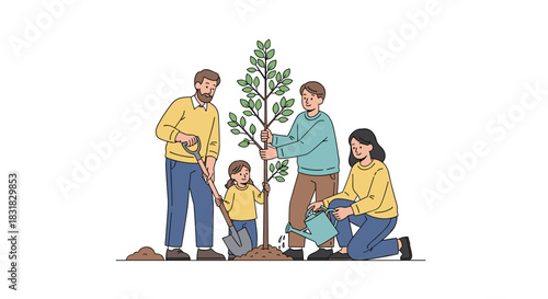 A cheerful family, including parents and a child, works together to plant a tree, promoting environmental awareness and sustainable practices for a better future.
