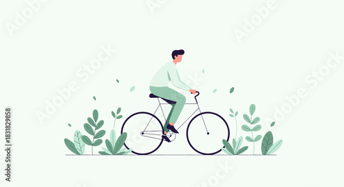 A stylish man enjoys a leisurely bicycle ride through a serene natural environment, embracing sustainable transportation and an active, healthy lifestyle.