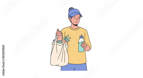 A young person embraces sustainable living, carrying fresh groceries in a reusable tote bag and a water bottle, promoting an eco-conscious lifestyle.