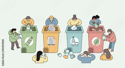 Diverse individuals are diligently sorting various types of waste into designated recycling bins, promoting environmental sustainability and responsible consumption habits.