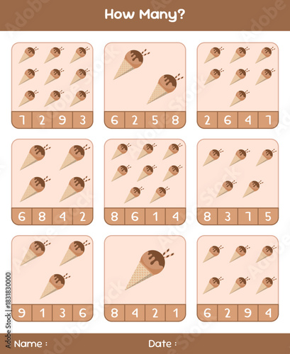 Count the number of ice creams. Educational mathematical game. Counting game for children. Kids activity sheet. Template for how many
