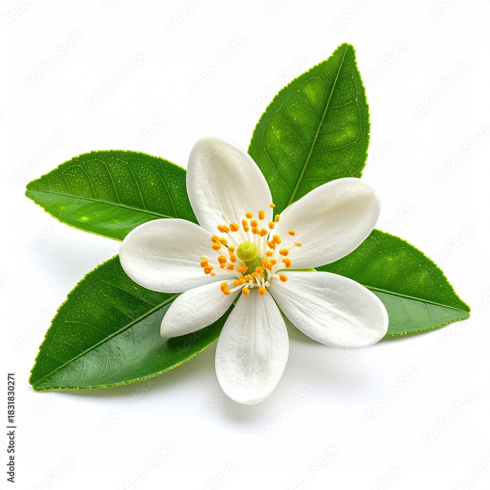 Fototapeta premium Fresh white citrus flower with vibrant green leaves