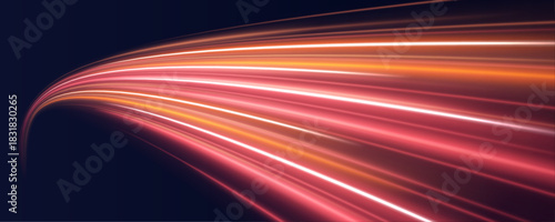 Red and orange neon streaks blaze across an abstract cityscape. Motion blur adds a sense of rapid speed. Great for futuristic digital energy designs. 