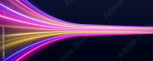 Pink neon trails twist over a dark city skyline at night. Motion blur enhances depth and dynamic speed perception. Great for futuristic urban designs. PNG