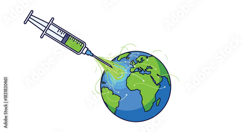 Syringe Injecting Green Liquid into Planet Earth Illustration, Generative AI.