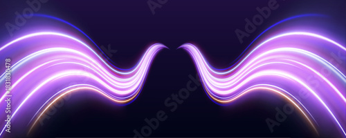 Violet neon trails twist dynamically across a dark urban scene. The glowing streaks convey futuristic speed and motion energy. Great for digital and sci-fi visuals. 