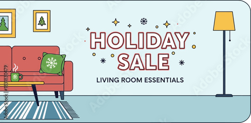 Holiday sale on living room essentials with a red sofa and floor lamp