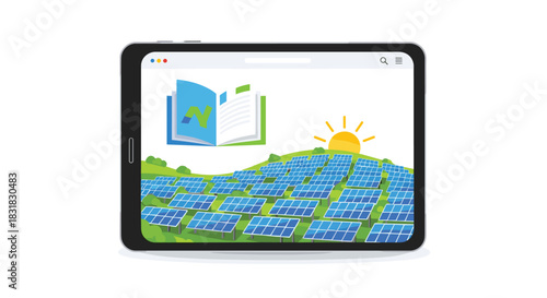 Tablet displaying solar panels and sun illustration, Generative AI.