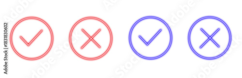 A set of four neon icons displaying red and blue checkmarks and crosses within circles, isolated on a transparent white background for easy integration into digital designs and user interfaces.