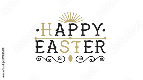 Elegant happy easter greeting with vintage typography and decorative elements in black and gold on a white background