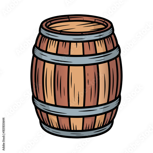 Wooden barrel with metal bands, classic design and natural color  isolated on a transparent background