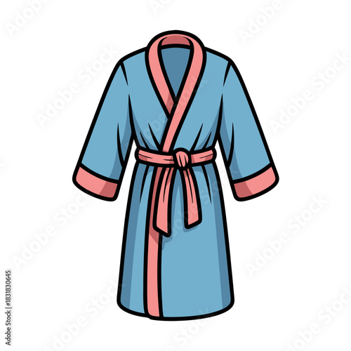 Simple blue bathrobe with pink accents and tied belt  