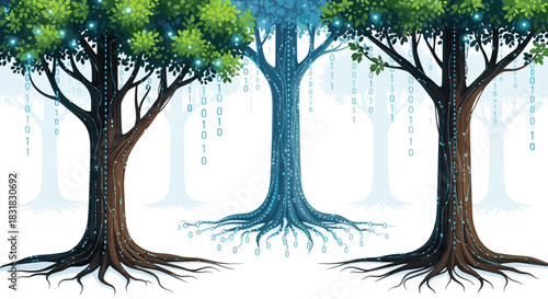 Three Digital Trees with Glowing Binary Code Roots and Branches, Generative AI.