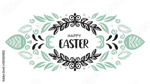 Happy easter greeting card with a decorative border of black and mint green leaves and floral elements on a white background