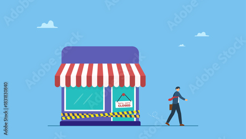 Businessman walk away from closed company office. Close business, decision to stop operate company, office closing down out of business, store, end business signboard problem or recession.