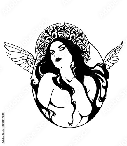 A holy girl with a halo and flowing hair. Portrait composition in an oval frame.