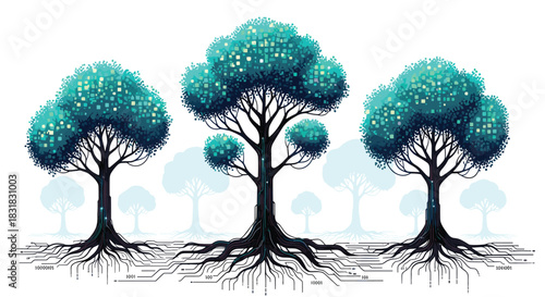 Three stylized trees with intricate root systems and vibrant bluegreen foliage, Generative AI.