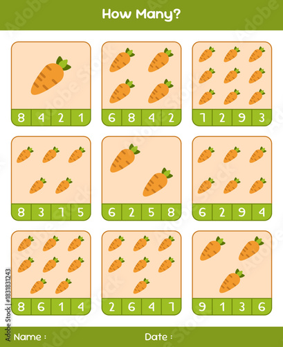 Count the number of vegetables. Educational mathematical game. Counting game for children. Kids activity sheet. Template for how many