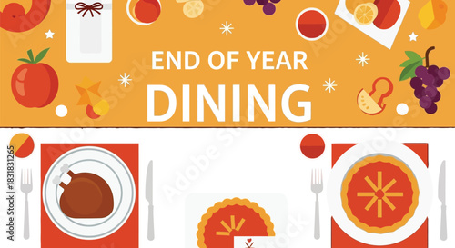 End of year dining sale with plates, fruits, and cutlery on the table