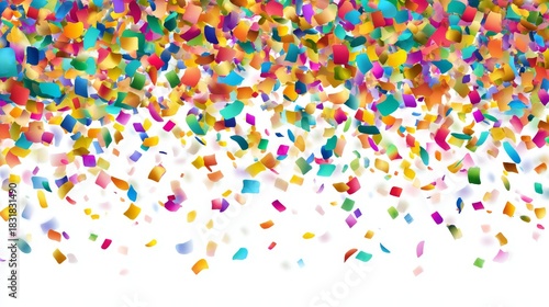 Bright and colorful birthday cake with chocolate drizzle, vibrant candles, and festive confetti on transparent background for celebration card design