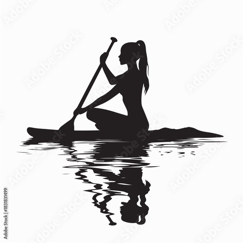 Woman paddling on a surfboard silhouette vector on white background