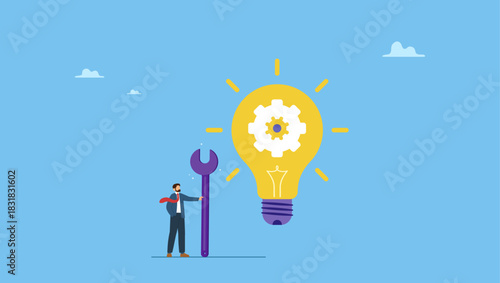 Businessman build gear in lightbulb idea. Innovation or product development, idea or solution to solve business problem, invention or technology creation to build new product, efficiency.