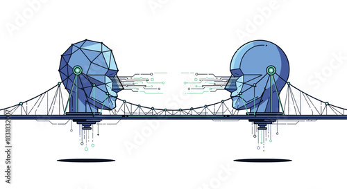 Two abstract human heads connected by a bridge symbolizing communication and technology, Generative AI.