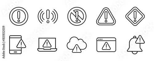 Alert and Warning line icon set. Set of 10 outline icons related to alert sign, warning, danger, hazard, attention sign, caution and others. Editable stroke. Vector illustration.