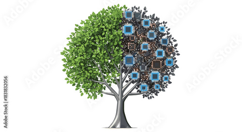 Tree with half natural leaves and half technological components, Generative AI.