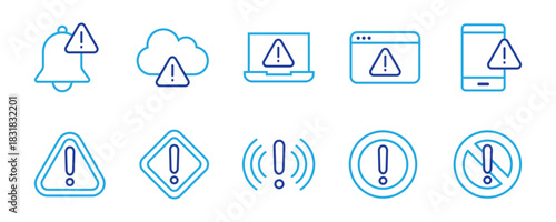 Alert and Warning line icon set. Set of 10 outline icons related to alert sign, warning, danger, hazard, attention sign, caution and others. Editable stroke. Vector illustration.