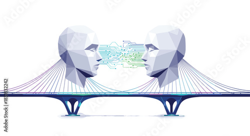 Two abstract human heads facing each other connected by a bridge and data stream, Generative AI.