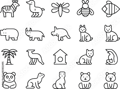 Animal Line Icons Set | Cute Wildlife, Pets, Zoo Animals, Outline Vector Illustrations