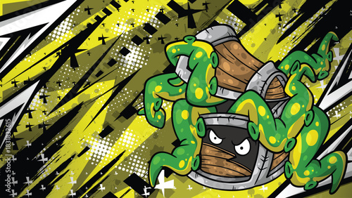 Green Octopus Tentacles Monster in Wooden Barrel Mascot on Abstract Yellow Racing Background