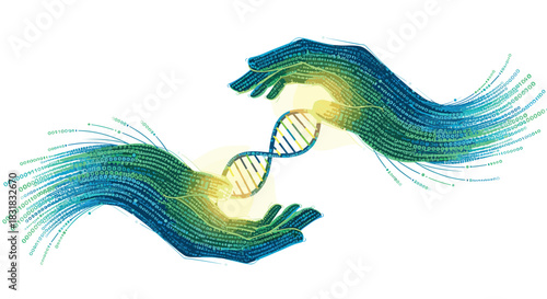 Two hands holding a DNA strand with flowing energy, Generative AI.