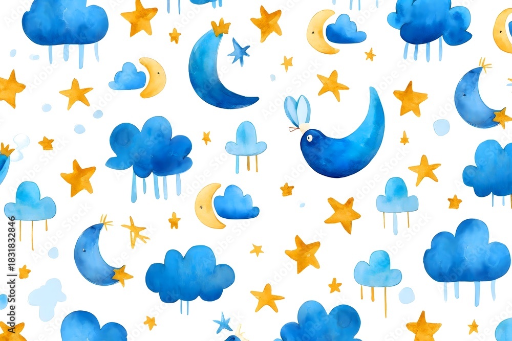 Whimsical Watercolor Pattern with Birds, Clouds, and Stars