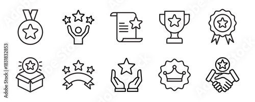 Star icon set. Containing rating, winner, medal, award, benefit, sparkle, shine, cup, badge and more. Editable line icons. Vector illustration.