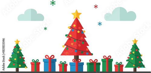 Christmas trees and gift boxes isolated on white background for celebration