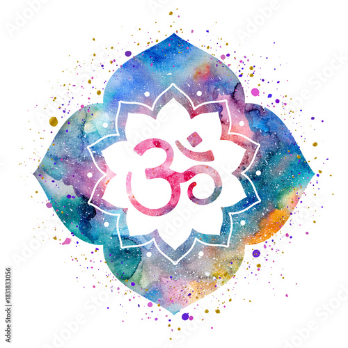 Om symbol painted inside a flower frame or mandala, watercolor texture, splashes of paint, colorful bright illustration. Can be used for prints, printing design, home decor design and more.