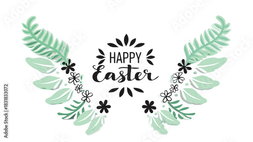 Happy easter greeting with delicate green leaves and black floral accents forming a symmetrical border around the festive text