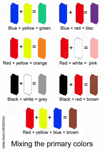 An illustrative guide to understanding fundamental color theory, demonstrating how primary hues combine to create a diverse spectrum of secondary and tertiary shades through simple equations