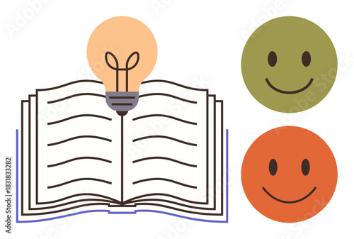Open book radiating learning with a light bulb for creativity, coupled with two happy faces representing positivity and feedback. Ideal for education, innovation, learning, ideas, growth mindset