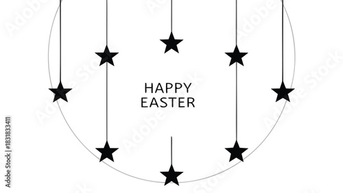 Minimalist happy easter greeting card design with black stars hanging in a semicircle and simple text