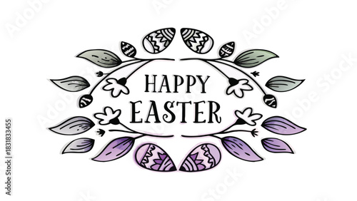 Hand drawn happy easter greeting with decorative floral wreath and patterned easter eggs in pastel colors isolated on white background