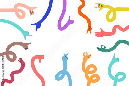 Flexible Hand Long Arm Banner. Abstract Comic Gesture Hands Background with Funky Style fot Text. Vector White Color Bg