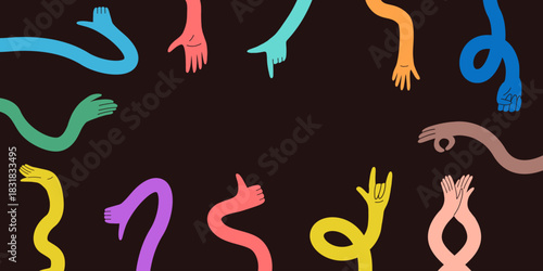 Flexible Hand Long Arm Cartoon Banner. Abstract Comic Gesture Hands Background with Funky Style fot Text. Vector Dark Color Bg