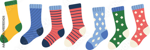 Colorful striped and geometric patterned socks collection in playful cozy style perfect for fashion design and vector illustration